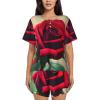 SSIMOO A Red Rose Women'S Round Neck Short Sleeve Pajama Set,Stylish Comfortable Hort Sleeve Shorts Set view 1