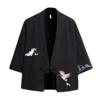 Crane Embroidery Haori Kimono Japanese Style Men Samurai Costume Yukata Asian Clothes Cardigan Men Jacket BK001 S