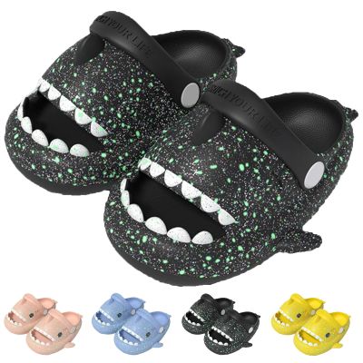 Jfxgjuv Angler Fish Slides Glow in The Dark Kids Shark Slides Glow in The Dark Luminous Shark Slippers Cloud Shark Slides with Strap Spooky Shark Slides (Black,10-11 Little Kid)