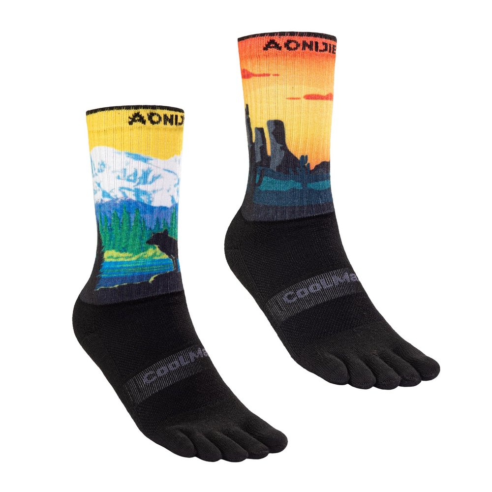 AONIJIE Long Tube Outdoor Five Toe Socks Shock Absorption Moisture Wicking Toe Socks for Trail Running Warking Ride (SnowyMountains + Deserts,Small)