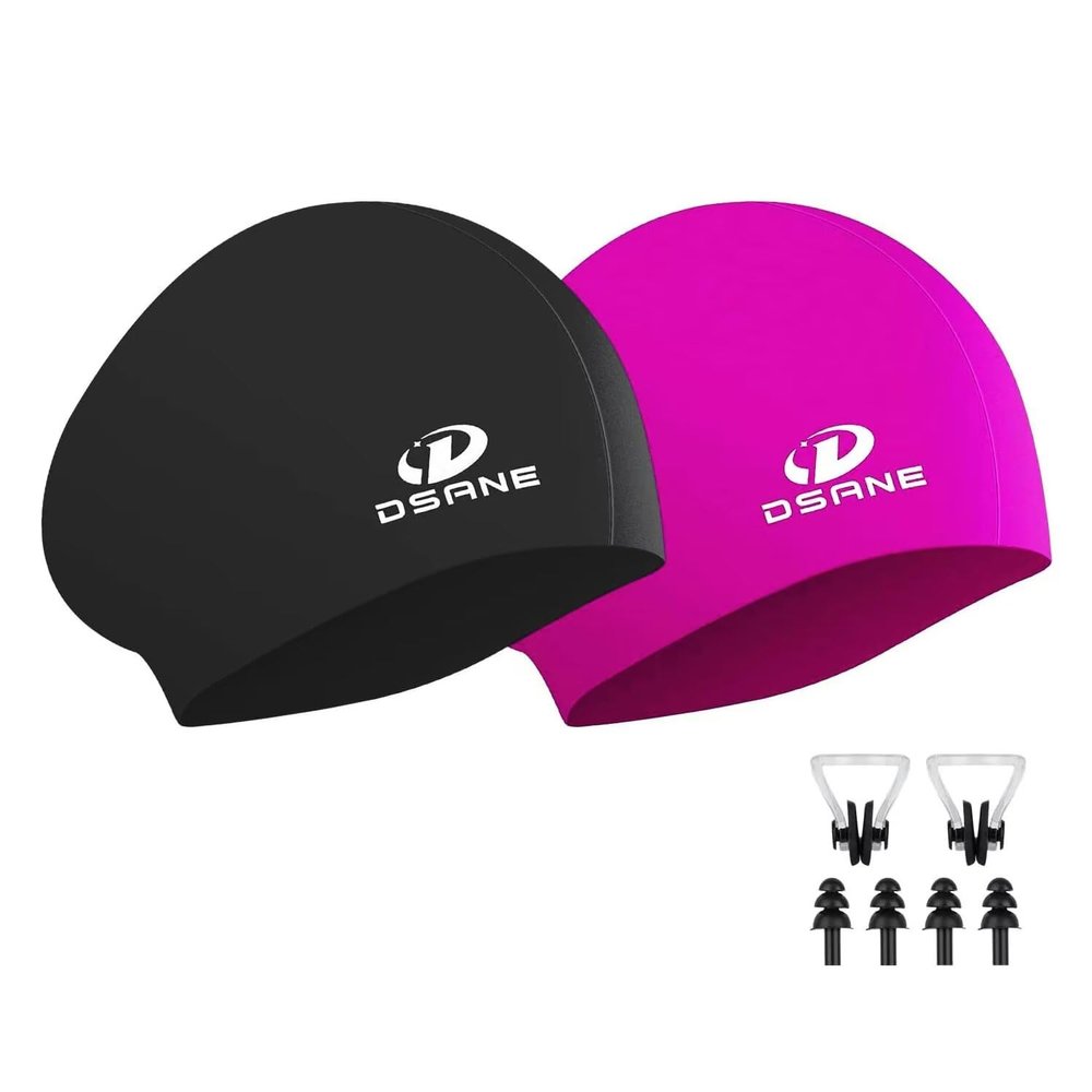 Dsane 2 Pack Womens Silicone Swim Cap for Long Hair,3D Ergonomic Design Silicone Swimming Caps for Women Kids Men Adults Boys Girls with Ear Plug and Nose Clip(L)