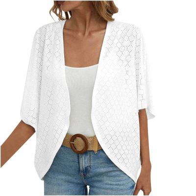 NineFit Basics Recent Orders,Womens Summer Cardigan, Kimono Cardigans For Women,Casual Open Front 3/4 Sleeve Cardigan,Plus Size Lightweight Shawls Ruana Wraps,X-Large,White-2