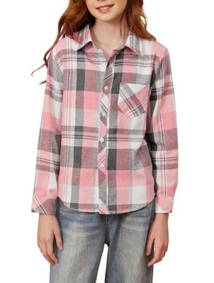 Betusline Girls' Plaid Flannel Shirt, Kids Long Sleeve Button Shirts Tops,F Pink & Grey #1, 10-11 Years= Tag 170