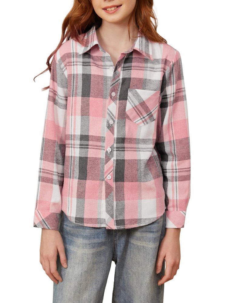 Betusline Girls' Plaid Flannel Shirt, Kids Long Sleeve Button Shirts Tops,F Pink & Grey #1, 10-11 Years= Tag 170