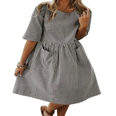 chouyatou Women's Cute Babydoll Dress Striped Pattern Crewneck Midi Tunic Dress Beach Sundress (Small, Black)