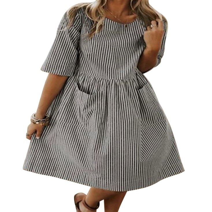 chouyatou Women's Cute Babydoll Dress Striped Pattern Crewneck Midi Tunic Dress Beach Sundress (Small, Black)