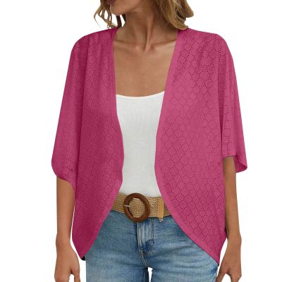NineFit Basics Peime,3/4 Sleeve Cardigan For Women, Kimono Cardigans For Women,Casual Open Front 3/4 Sleeve Cardigan,Plus Size Lightweight Shawls Ruana Wraps,Large,Hot Pink-1