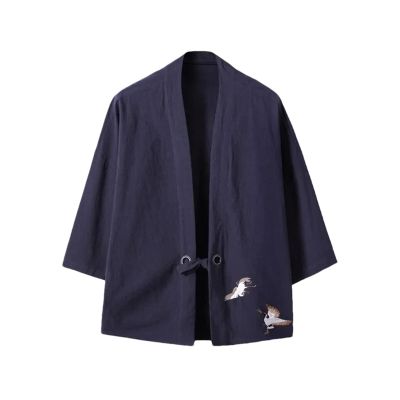 Crane Embroidery Haori Kimono Japanese Style Men Samurai Costume Yukata Asian Clothes Cardigan Men Jacket Navy XS