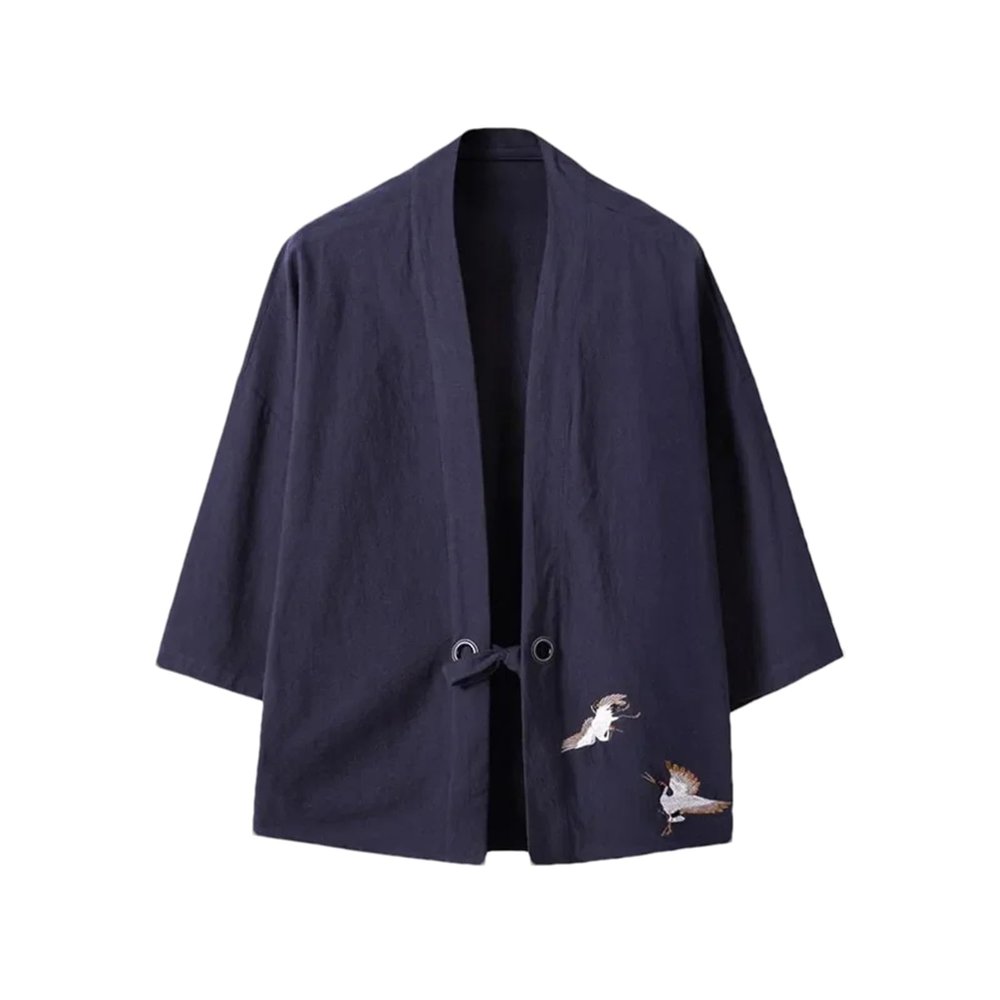 Crane Embroidery Haori Kimono Japanese Style Men Samurai Costume Yukata Asian Clothes Cardigan Men Jacket Navy XS