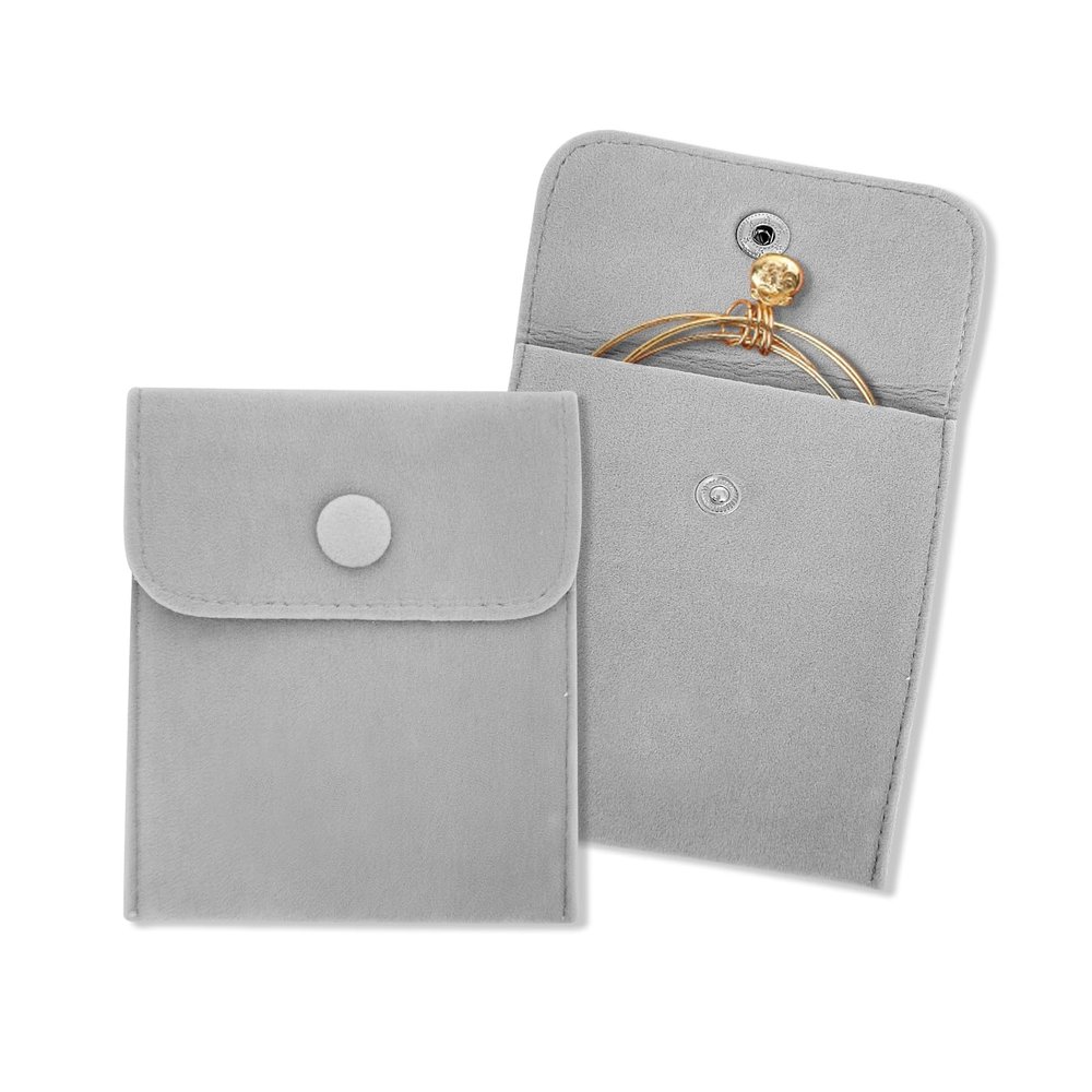 AfitLulu 2PC Velvet Jewelry Pouches, Microfiber Jewelry Storage Bags with Snap Fastener, Travel Jewelry Pouch for Storing Rings, Bracelets, Necklaces, Earrings, Watches (Gray)