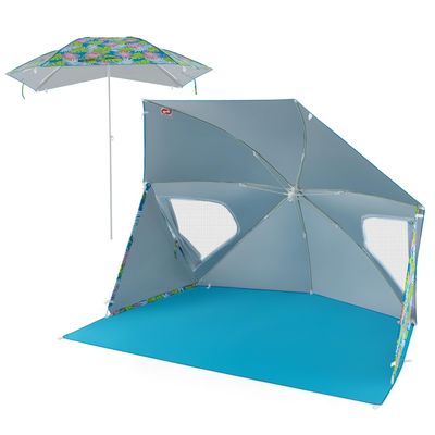 Goplus Convertible Beach Tent for 2-4 People, 2-in-1 Sun Umbrella with Roll-Up Windows, Dual Side Flaps, Groundsheet & Carry Bag, UPF 50+ Beach Shade Shelter for Camping, Picnic & Sports Events