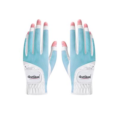 Scott Edward 1 Pair Open-Finger Women's Golf Gloves 2 Pack Left Right Hand Lady Fingerless Golf Gloves PU and Microfiber Breathable Mesh Fabric Cool and Comfortable (Blue,18)