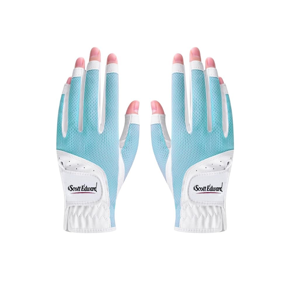 Scott Edward 1 Pair Open-Finger Women's Golf Gloves 2 Pack Left Right Hand Lady Fingerless Golf Gloves PU and Microfiber Breathable Mesh Fabric Cool and Comfortable (Blue,18)