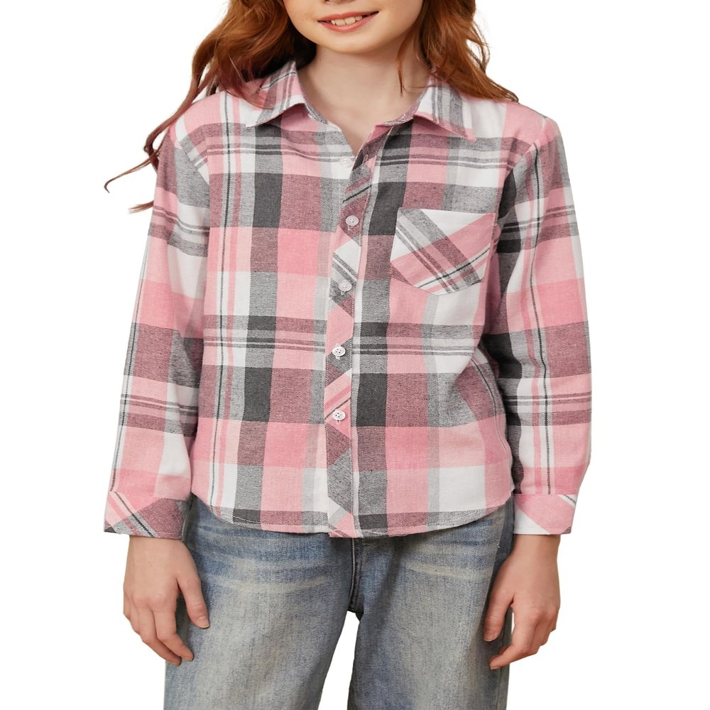 Betusline Girls' Plaid Flannel Shirt, Kids Long Sleeve Button Shirts Tops,F Pink & Grey #1, 11-12 Years= Tag 180