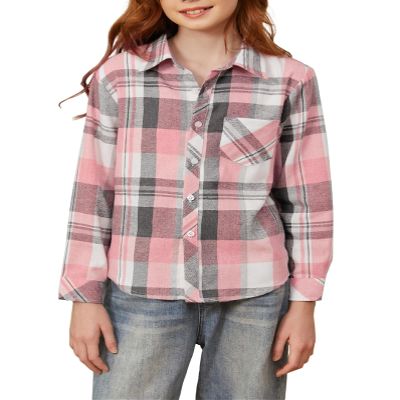 Betusline Girls' Plaid Flannel Shirt, Kids Long Sleeve Button Shirts Tops,F Pink & Grey #1, 7-8 Years= Tag 140