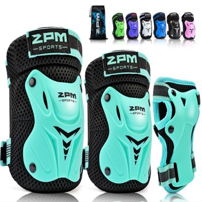 2PM SPORTS Knee Pads for Kids, Wrist Guards Knee and Elbow Pads Set with Drawstring Bag, Protective Gear Set for Girls Boys Roller Skating Cycling Skateboard - Mint Small
