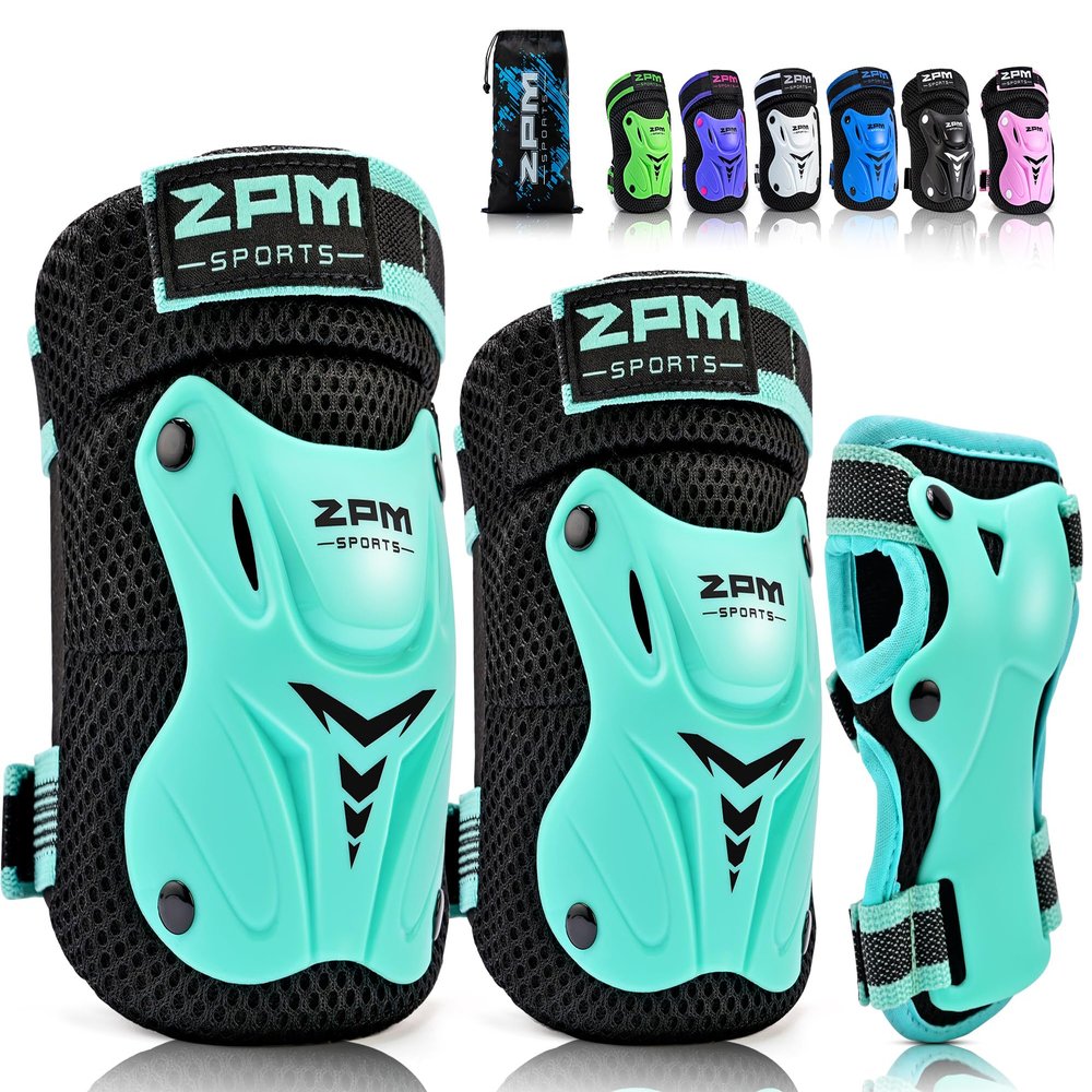 2PM SPORTS Knee Pads for Kids, Wrist Guards Knee and Elbow Pads Set with Drawstring Bag, Protective Gear Set for Girls Boys Roller Skating Cycling Skateboard - Mint Small