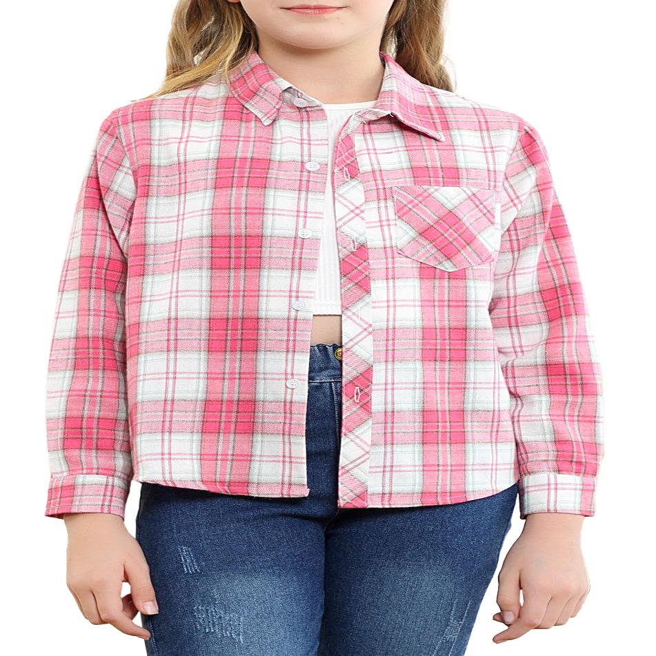 Betusline Girls' Plaid Flannel Shirt, Kids Long Sleeve Button Shirts Tops, F Pink #5, 18-24 Months= Tag 90