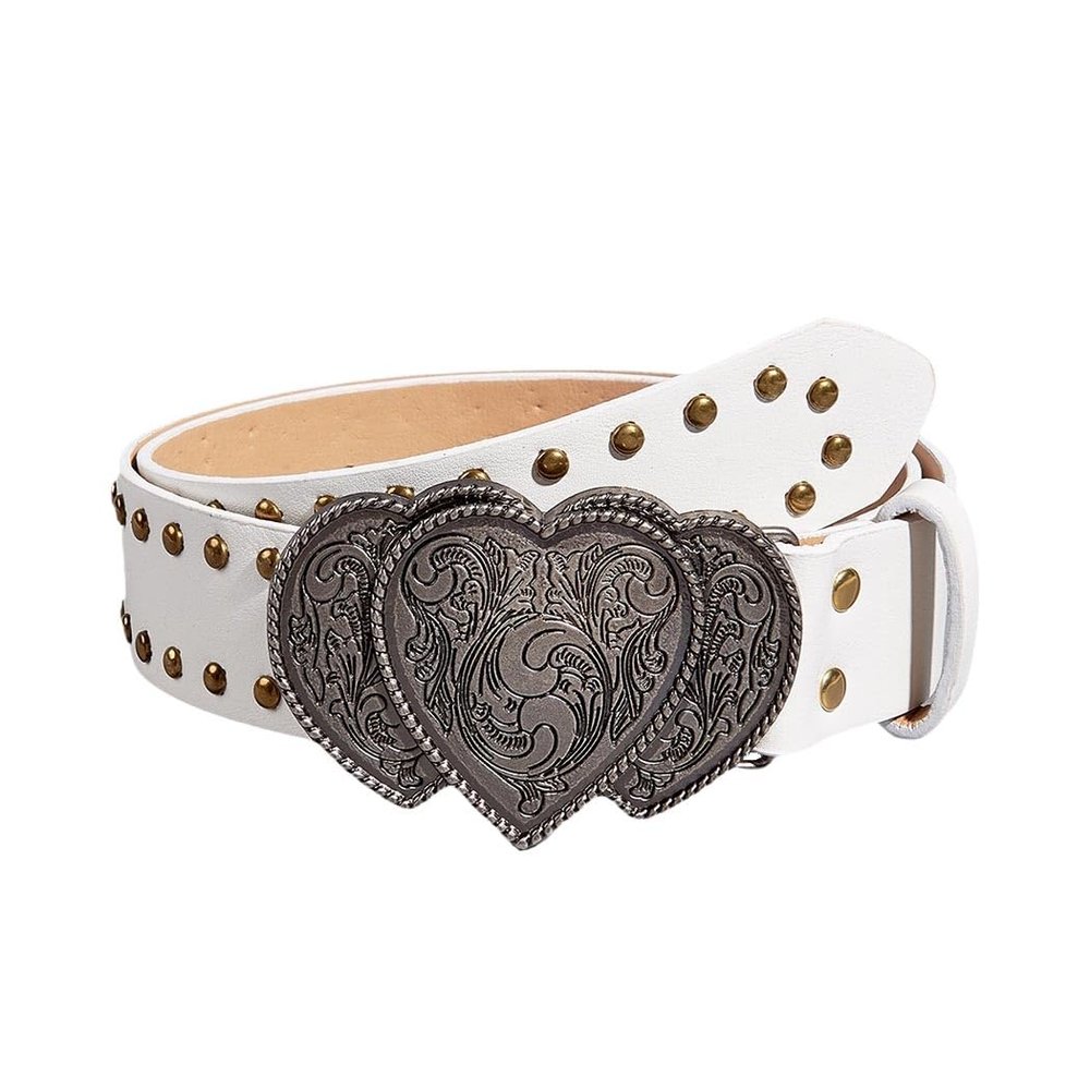 Tgirls Western Leather Belts for Women Men Heart Buckle Vintage Belt for Jeans Dress Cowgirl Cowboy Waist Belts (White)