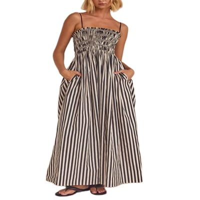 Adoeren Women Stripe Print Sleeveless Maxi Dress Boho Spaghetti Strap Backless Long Flowy Dress Striped Beach Sundress(Black,M)