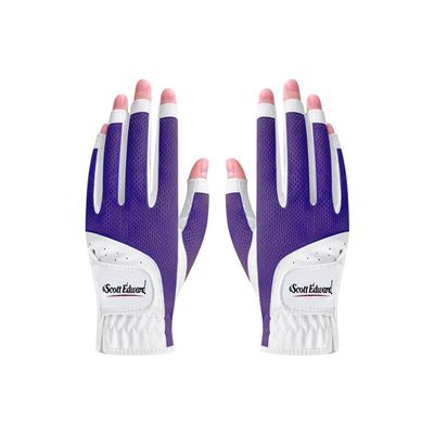Scott Edward 1 Pair Open-Finger Women's Golf Gloves 2 Pack Left Right Hand Lady Fingerless Golf Gloves PU and Microfiber Breathable Mesh Fabric Cool and Comfortable (Purple,18)