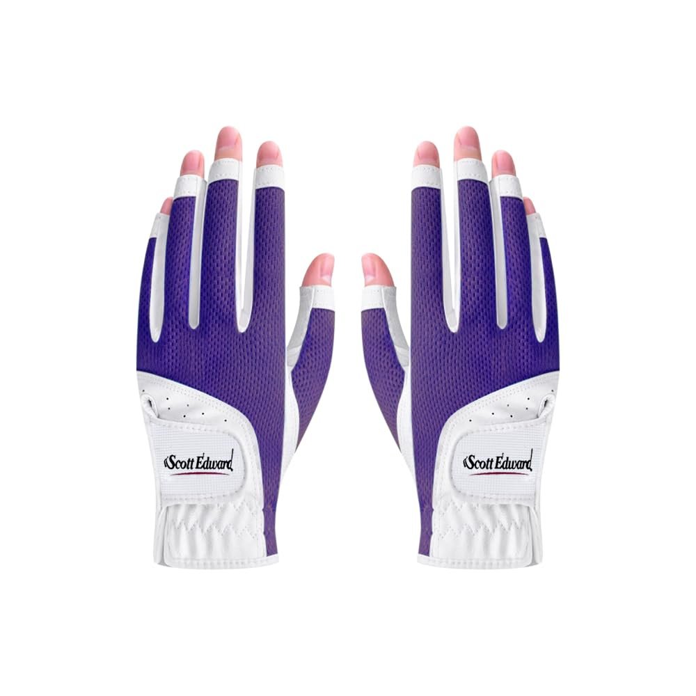 Scott Edward 1 Pair Open-Finger Women's Golf Gloves 2 Pack Left Right Hand Lady Fingerless Golf Gloves PU and Microfiber Breathable Mesh Fabric Cool and Comfortable (Purple,18)