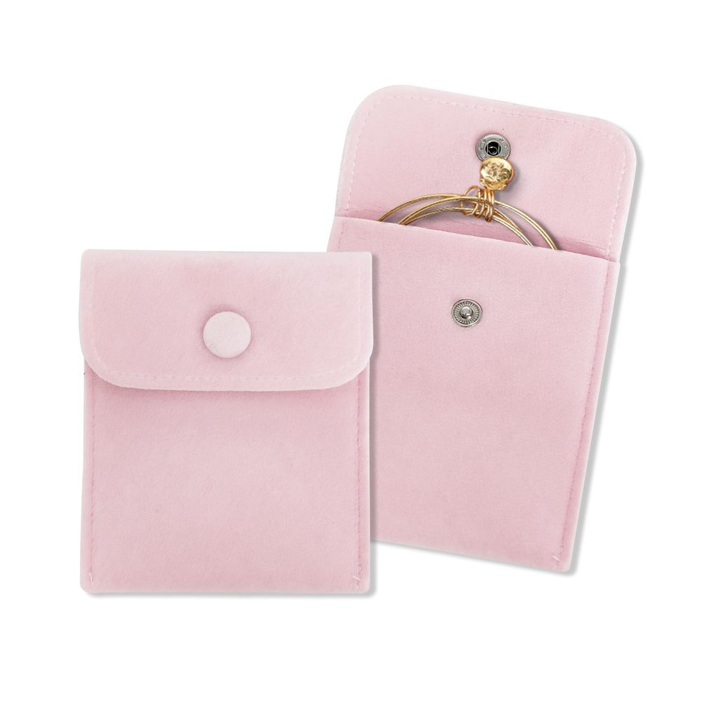 AfitLulu 2PC Velvet Jewelry Pouches, Microfiber Jewelry Storage Bags with Snap Fastener, Travel Jewelry Pouch for Storing Rings, Bracelets, Necklaces, Earrings, Watches (Light Pink)