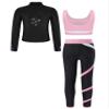 Freebily Kid 3 Pieces Girl Sports Dance Outfit Crop Tank Top with Athletic Leggings and Long Sleeve Jacket Set Tracksuit Pink 9-10 Years view 2