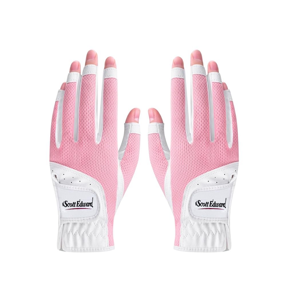 Scott Edward 1 Pair Open-Finger Women's Golf Gloves 2 Pack Left Right Hand Lady Fingerless Golf Gloves PU and Microfiber Breathable Mesh Fabric Cool and Comfortable (Pink,20)