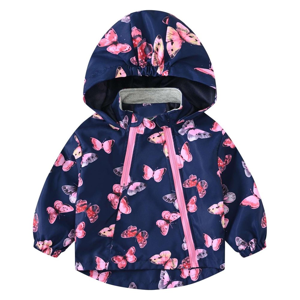 Echinodon Girls Waterproof Jackets Kids Outdoor Windproof Coat Printed Windbreaker Blue Butterfly 110