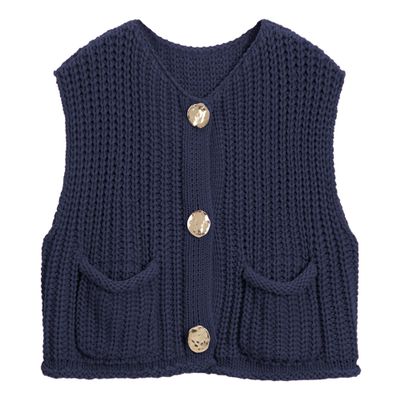 Hixiaohe Womens Crochet Chunky Knit Top Sleeveless Button Down Crop Tops Trendy Cardigan Sweater Vest for Women with Pockets(Navy,L)