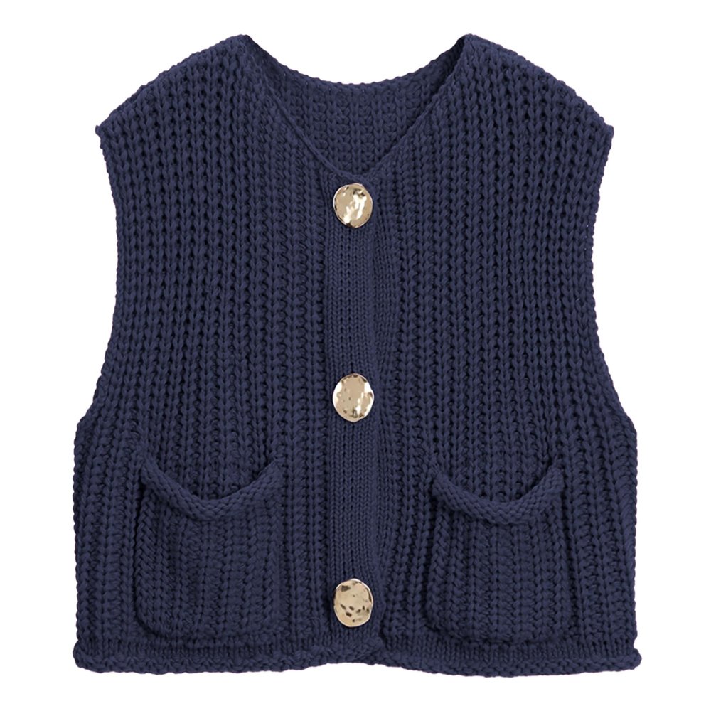 Hixiaohe Womens Crochet Chunky Knit Top Sleeveless Button Down Crop Tops Trendy Cardigan Sweater Vest for Women with Pockets(Navy,L)