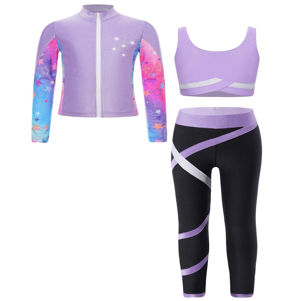 Freebily Kid 3 Pieces Girl Sports Dance Outfit Crop Tank Top with Athletic Leggings and Long Sleeve Jacket Set Tracksuit Light Purple 15-16 Years