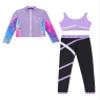 Freebily Kid 3 Pieces Girl Sports Dance Outfit Crop Tank Top with Athletic Leggings and Long Sleeve Jacket Set Tracksuit Light Purple 15-16 Years view 3