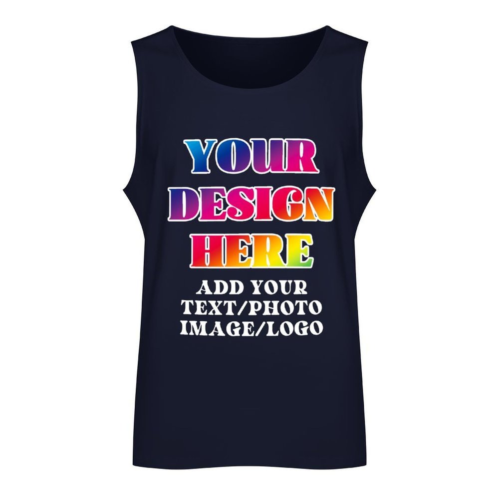 Personalized Men's Tank Tops Add Your Design Photo Text Custom Swim Beach Sleeveless Shirts for Gym Fitness Training, Navy Blue, L