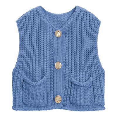 Hixiaohe Womens Crochet Chunky Knit Top Sleeveless Button Down Crop Tops Trendy Cardigan Sweater Vest for Women with Pockets(Blue,L)