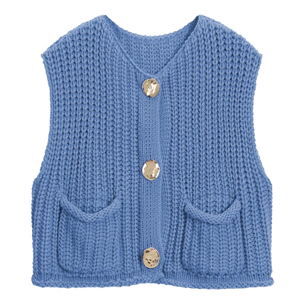 Hixiaohe Womens Crochet Chunky Knit Top Sleeveless Button Down Crop Tops Trendy Cardigan Sweater Vest for Women with Pockets(Blue,L)