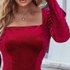 NineFit Basics Women'S Long Sleeve Elegant Velvet Dress Square Neck Cocktail Maxi Dress Evening Party Pleated Split Bodycon Dress (Small,Red) view 3