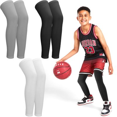Cptoion 3 Pairs Kids Long Compression Leg Sleeves, Large, Black White Gray