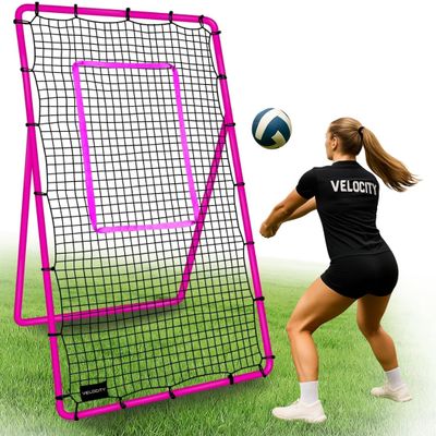 Volleyball Rebounder Pink, 7x4 ft Adjustable Volleyball Rebounder Net, Bounce Back Training Equipment, Net for Single Player, Durable & Portable with Travel Bag
