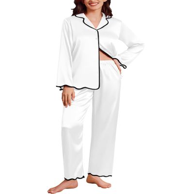 Ekouaer Women Silk Pajamas Set Long Sleeve Silky Pjs 2 Piece Silk Louge Sets White Satin Pajamas for Women X-Large