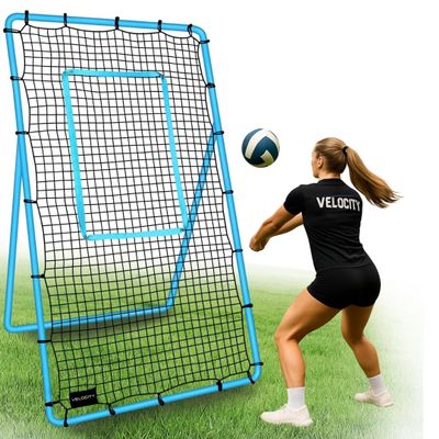 Velocity Volleyball Rebounder 5-Angle Adjustable 7x4 ft Volleyball Rebounder Net for Backyard with Reinforced Steel Frame & High-Tension PE Netting Bounce Back Net with Travel Bag, (Blue)