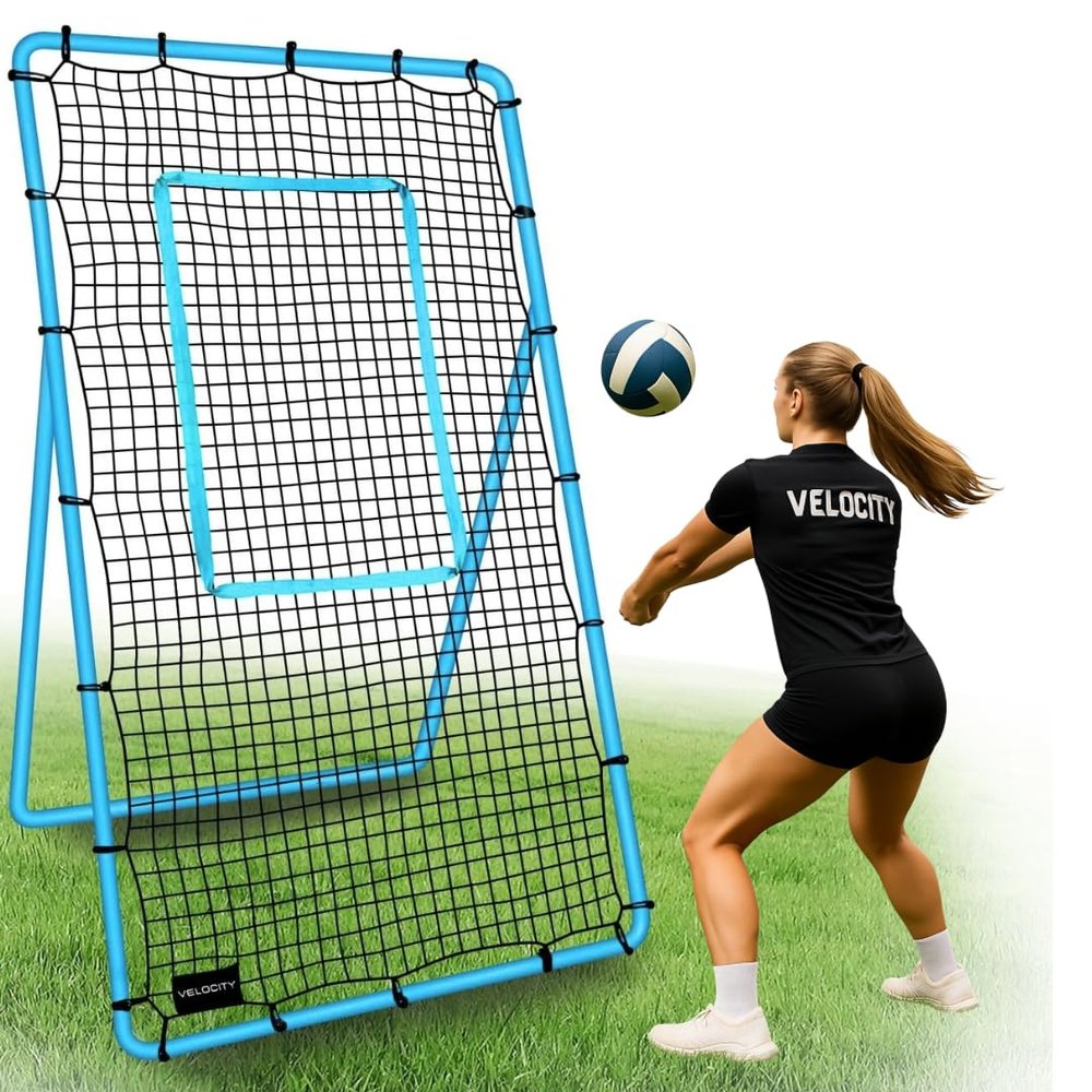 Velocity Volleyball Rebounder 5-Angle Adjustable 7x4 ft Volleyball Rebounder Net for Backyard with Reinforced Steel Frame & High-Tension PE Netting Bounce Back Net with Travel Bag, (Blue)