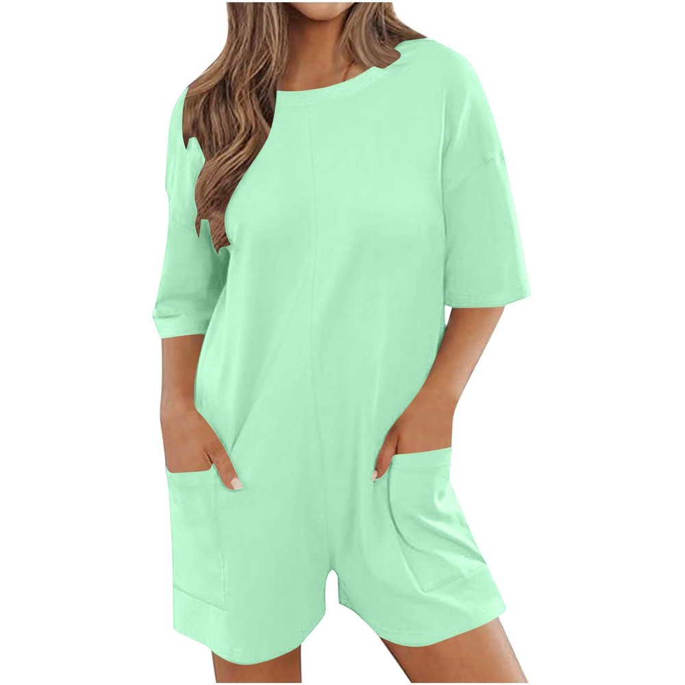 asntrgd Womens Oversize One Piece Jumpsuit Casual Round Neck Half Sleeve Rompers Loose Fit Onesie Overalls with Pockets