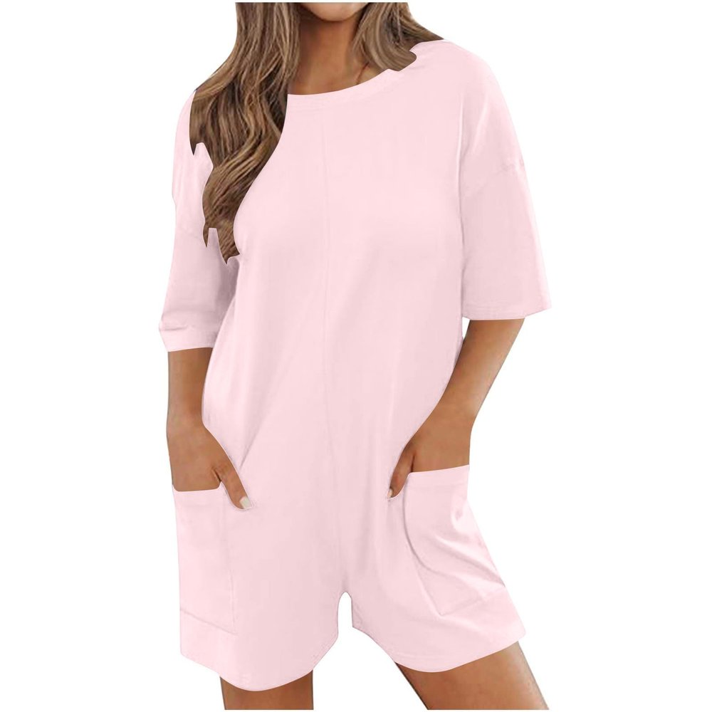 asntrgd Womens Oversize One Piece Jumpsuit Casual Round Neck Half Sleeve Rompers Loose Fit Onesie Overalls with Pockets
