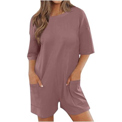 asntrgd Fall Womens Oversize One Piece Jumpsuit Casual Round Neck Half Sleeve Rompers Loose Fit Onesie Overalls with Pockets