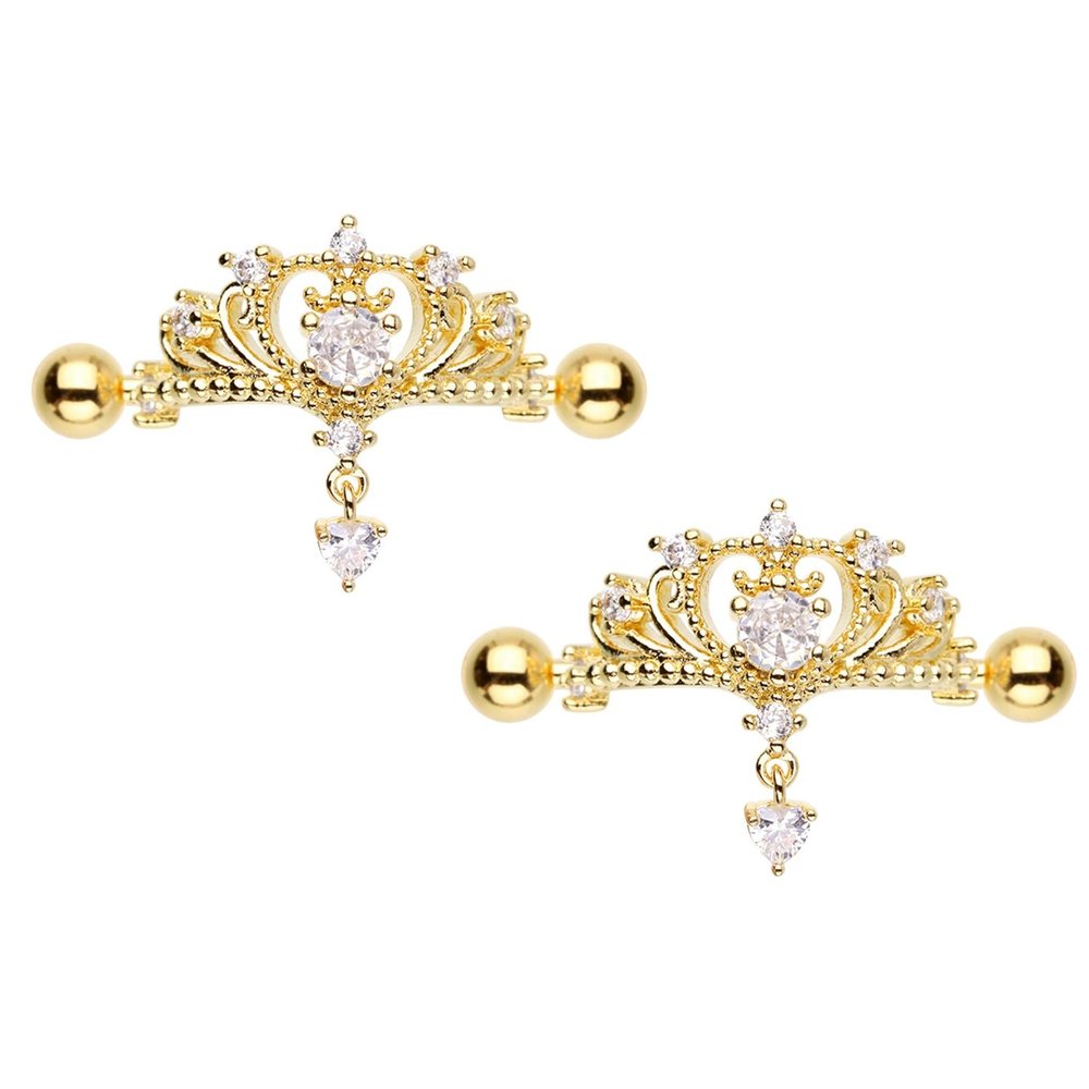14GA Stainless Steel Crystal Tiara Nipple Shields, Sold as a Pair (Gold Tone)