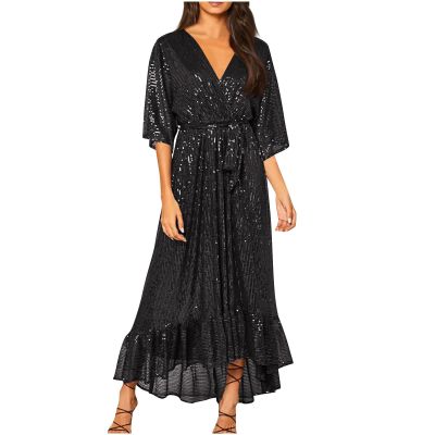 Women's Sequin Dresses V Neck Wrap Ruffle Maxi Dresses Elegant Long Formal Wedding Guest Dresses Evening Long Gowns Black