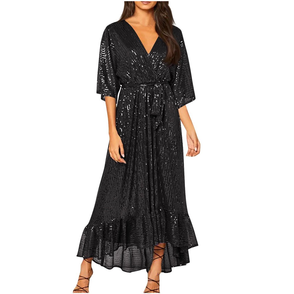 Women's Sequin Dresses V Neck Wrap Ruffle Maxi Dresses Elegant Long Formal Wedding Guest Dresses Evening Long Gowns Black