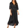 Women's Sequin Dresses V Neck Wrap Ruffle Maxi Dresses Elegant Long Formal Wedding Guest Dresses Evening Long Gowns Black view 1
